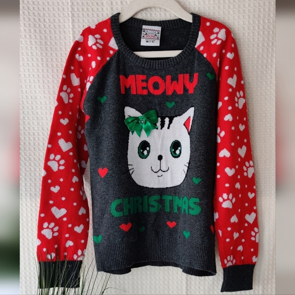 Well Worn Holiday Sweater "Meowy Christmas" Girls Size M(7-8)